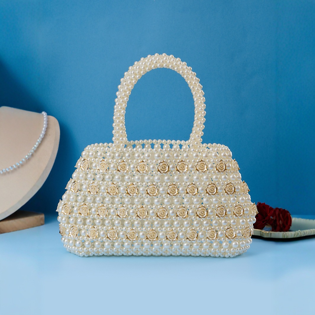 Luxury Bags Classy - ประดับด้วยลูกปัดทําด้วยมือกระเป๋าทอมือลูกปัดกระเป๋าถือ Classy Luxury Pearl Top-Handle กระเป๋าสําหรับงานแต่งงานจัดเลี้ยง