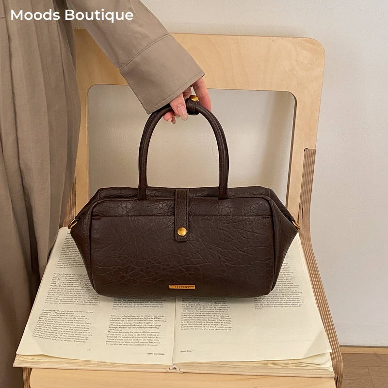 Luxury Bags Vegan Leather - กระเป๋าถือ MOODS รุ่นวินเทจสำหรับผู้หญิง หนังวีแกน สีพื้น กระเป๋าสะพายไหล่ทรงบอสตันขนาดเล็ก
