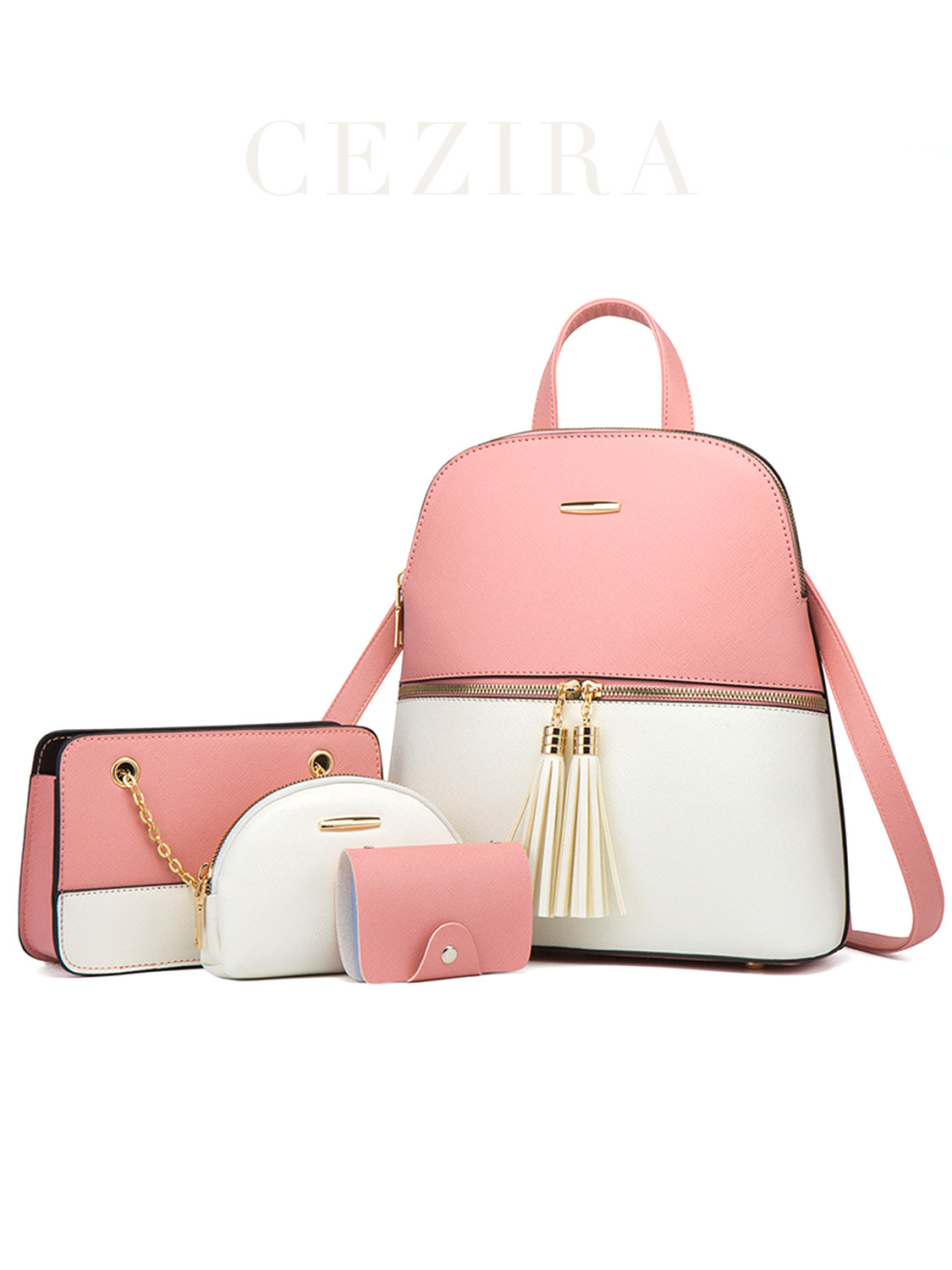 Luxury Bags Vegan Leather - ชุดกระเป๋า4ชิ้นดีไซน์แฟชั่นของผู้หญิงกระเป๋าหนัง PU กระเป๋าสะพายหลังหนังแท้วีแกนหรูหรามีพู่สีตัดกันกระเป๋าสายโซ่ขนาดเล็กกระเป๋าใส่บัตร